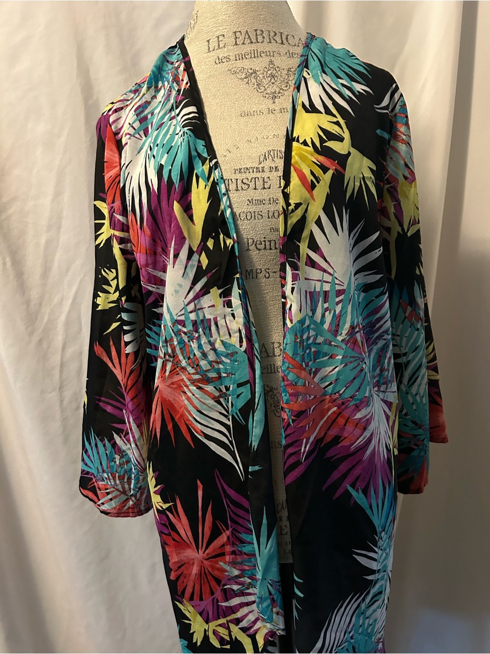 Tropical Palm Print Kimono Cardigan - Black Base with Teal & Purple